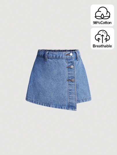 SHEIN Girlism Niña preadolescente Falda-pantalón y pantalones cortos asimétricos de estilo Y2K con botones, en lavado azul claro de mezclilla, para vacaciones de verano