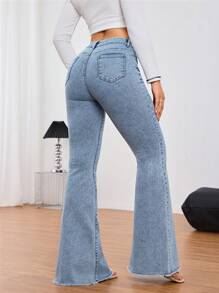 SHEIN Tall Solid Color Pocket Zipper Button Wide-Leg Jeans, Suitable For Daily Wear - Medium Wash - View 2