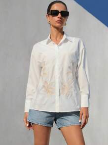 Aveloria Modichic Elegant Vacation Casual Fashion High-End Colorblock Coconut Tree Embroidery Long Sleeve Button-Down Women Shirt Fall Cloth For Women - White - View 3