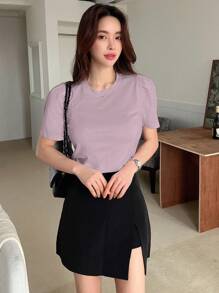 DAZY Puff Sleeve Solid Tee,Crop Tops Women - Dusty Purple - View 4