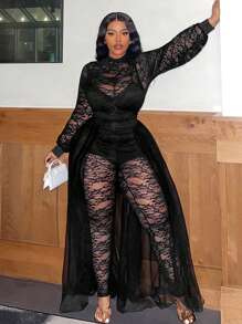 Slaydiva 大码女式浪漫优雅女士蕾丝修身连体裤、网眼裙和裙裤，大码 2 件/套 - 黑色 - 查看 4