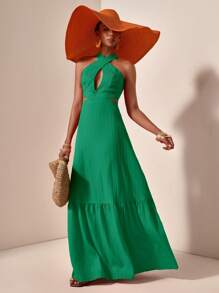 Zivah 新款春夏休闲交叉挂脖前镂空露背收腰蛋糕裙A-Pulse 长裙绿色纹理面料女式长裙-A - 綠色 - 查看 5