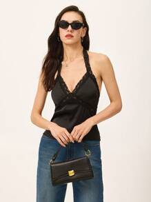 Poéselle 女式缎面上衣 蕾丝挂脖上衣 露背系带女式上衣 日常优雅黑色上衣 女式纯色撞色蕾丝挂脖吊带上衣 夏季女式夏季上衣 背心 短款上衣 春季女式夏季 夏季女式夏季上衣 节日挂脖上衣 春季上衣 Y2k 上衣 - 黑色 - 查看 2