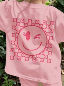 SHEIN Happikins Cute Checkerboard Floral & Smiling Face Pattern, Baby Girl Casual Minimalist Short Sleeve Top And Shorts Set, Suitable For Summer - Pink - View 3