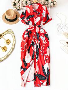 SHEIN LUNE 大码女式畅销翻领短袖红色波西米亚风系腰可拆卸前纽扣中长连衣裙，夏季