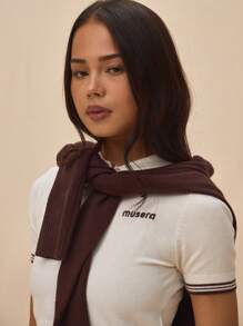 Soft Knit Collared Fitted Embroidered "Musera" Cropped Polo Shirt Spring Summer Tops Elegant - Multicolor - View 2