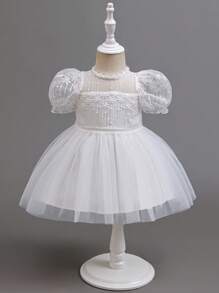 SHEIN Glamorique Kids 女宝宝春夏圆领刺绣荷叶边泡泡袖网眼礼服，公主风格婚礼 - 白色 - 查看 1