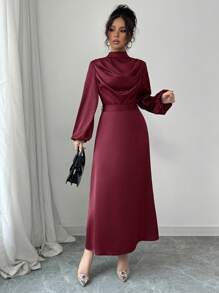 Elenzga Váy chữ A dài tay xếp nếp bằng vải satin bóng thanh lịch dành cho nữ, mùa xuân/thu - Đỏ - Xem 3