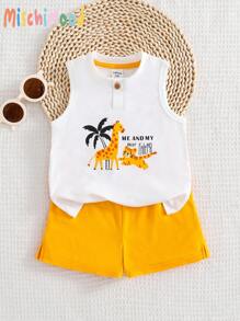 新生男婴可爱动物印花无袖上衣和短裤套装 幼儿夏季服装套装 - 白色 - 查看 2