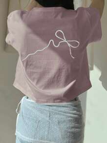 DAZY 女式短袖 T 恤，带蝴蝶结刺绣圆领夏季图案 T 恤