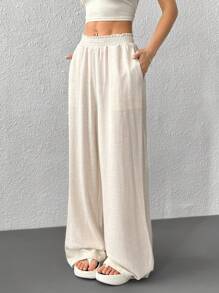 SHEIN EZwear Quần dài ống rộng cạp rút vải lanh màu mơ cỡ lớn cho mùa hè - Màu be - Xem 4