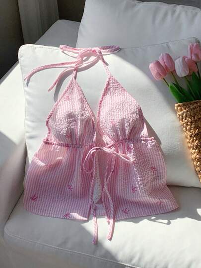 Comfortcana 大码淡粉色蝴蝶结细肩带背心，夏季