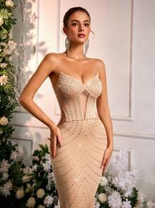 Glamrae 优雅闪亮杏色美人鱼长裙，适合正式晚会、派对、婚礼活动