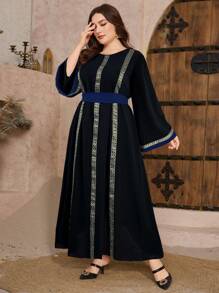 Al Najma Women Round Neck Bell Sleeve Patchwork Casual Loose Plus Size Arabic Long Dress - Black - View 2