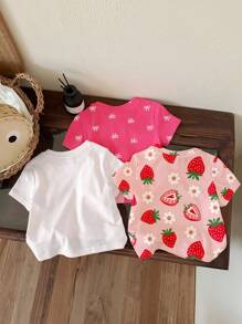 SHEIN 可爱草莓蝴蝶结、花卉心形印花、粉色、休闲基本款短袖圆领 T 恤，适合年轻女孩，适合春夏季 - 彩色 - 查看 2