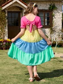 Tween Girls Vacation Style Round Neck Puff Sleeve Colorblock Bowknot Panel Rainbow A-Line Dress - Multicolor - View 1