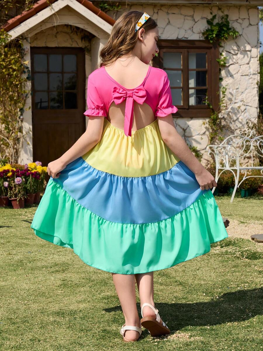 Tween Girls Vacation Style Round Neck Puff Sleeve Colorblock Bowknot Panel Rainbow A-Line Dress - Multicolor - View 1