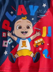 CoComelon X SHEIN Baby Boy Cartoon Print Short Sleeve T-Shirt & Shorts Casual Sports Outfit - Multicolor - View 3