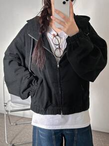 FRIFUL 女士宽松连帽牛仔外套，休闲款 - 黑色 - 查看 4