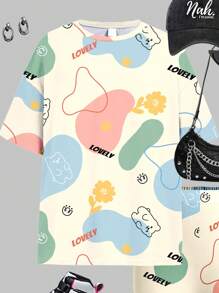 SHEIN Set de 2 piezas con camiseta de manga corta y shorts con estampado de grafiti y dibujos animados para niña preadolescente, adecuado para el verano