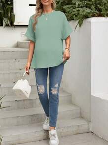 SHEIN 孕妇纯色圆领蝙蝠袖休闲宽松衬衫 - 綠色 - 查看 5