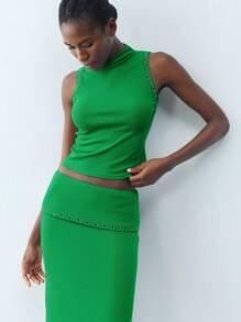 Maija 春季新款蓝色金属装饰女式背心无袖收腰都市现代优雅日常休闲适合外出度假节日派对老钱波西米亚90年代女装、夏季、乡村音乐会、街头女装、斯德哥尔摩风格、斯德哥尔摩风格、俱乐部、教师、女性教师、都市现代与复古富裕风格