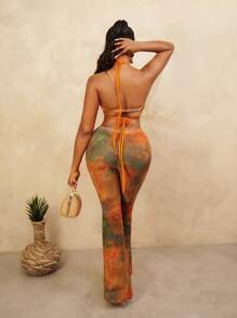 BamGleam Women's Tie-Dye Print Ruffled Openwork Backless Halter Jumpsuit - Multicolor - View 2