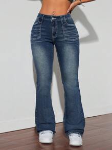 SHEIN ICON Quần Jeans Nữ Ôm Vừa Co Giãn Phong Cách Đường Phố Của Mỹ Màu Xòe Tối Màu - Rửa tối - Xem 5