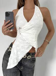 Roylia Women Floral Lace Asymmetric Hem Sexy Halter Neck Camisole - White - View 4