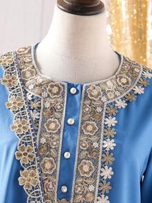 Teen Girls 2 Pieces Set - Embroidered Applique Top & Pants, Braid Trim Poncho - Blue - View 3