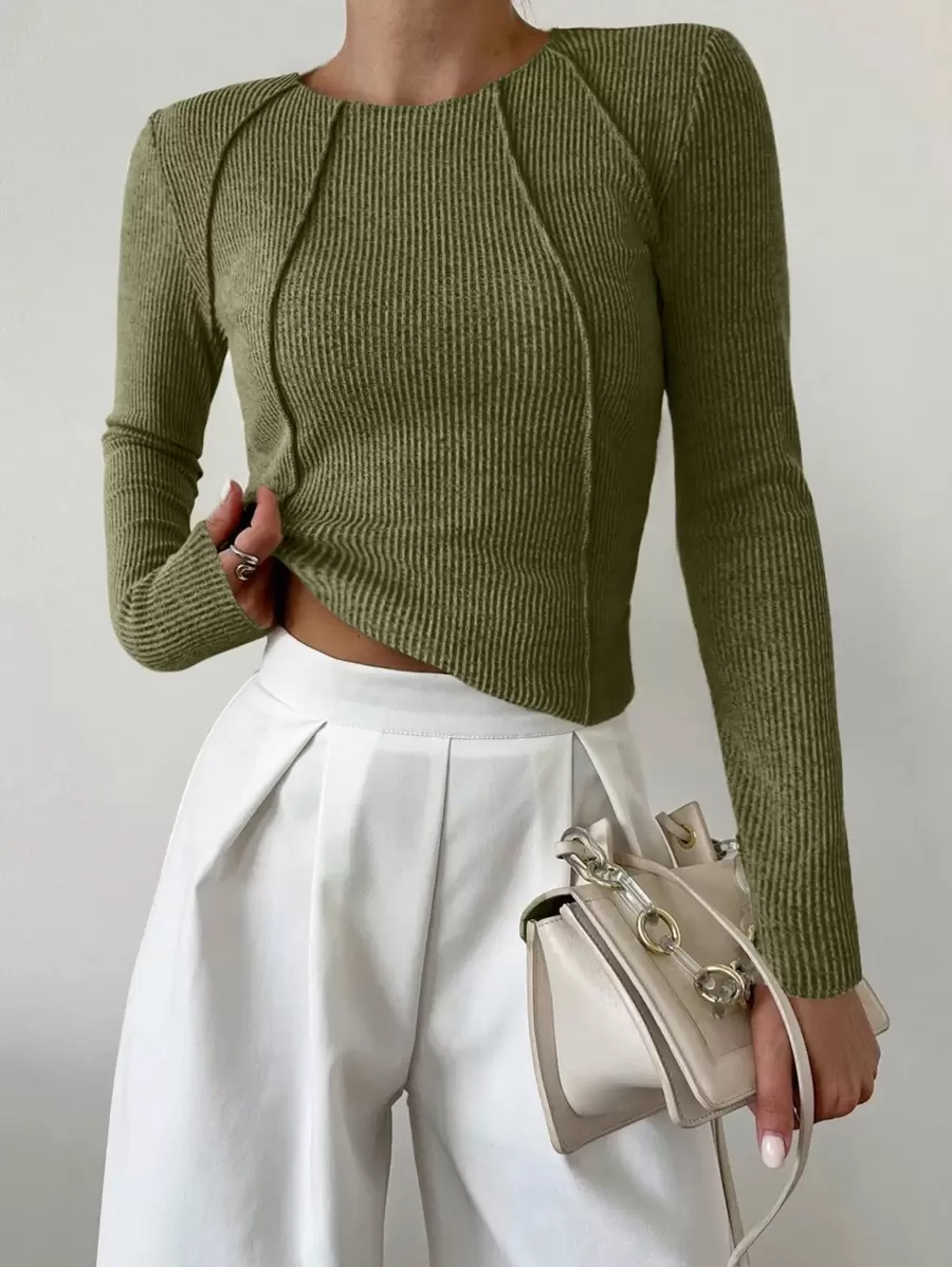 Chiquease Casual Solid Color Ribbed Splice Round Neck Long Sleeve Women T-Shirt - Army Green - View 1