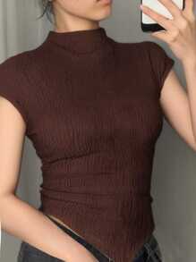 SHEIN Girlism 少女春夏装，春季纯棕色/针织纹理面料不对称下摆T恤/适合春夏季穿着，聚会 - 棕色 - 查看 3