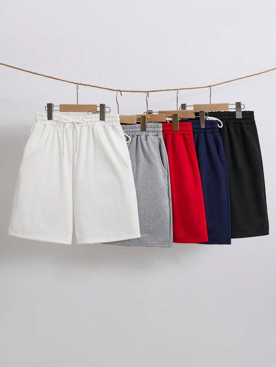 5 Pcs/Set Casual Knitted Drawstring Waist Sports Shorts For Teenage Boys, Spring/Summer, School, Campus, College - Multicolor - View 1