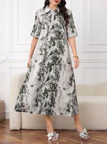 Lacomfia Women Loose Ink Painting Pattern Short Sleeve Dress - Army Green - View 7