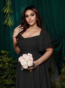 NU&NOW Vestido elegante con volantes y mangas abullonadas, cuello con lazo, de estilo plisado y fluido para fiesta, boda, vacaciones, en estilo vintage para mujer de talla grande