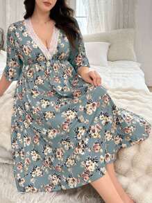 SHEIN Plus Size Lace Trim V-Neck Floral Pattern Sleep Dress, Cozy Outfit, Fall & Winter - Multicolor - View 6
