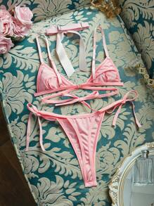 Vintage Palace Metallic Pink 3D Rose Sexy Lingerie Set For Women - Pink - View 2