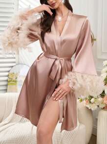 Elegant Gold Embroidered Feather Design Women's Kimono Robe - Coral Pink - View 1