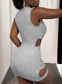 BamGleam Vestido mini sexy de escote redondo con recorte frontal y parches - Gris - Ver 2