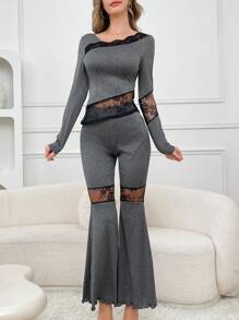 Elegant Romantic Lace Hollow Splice Asymmetric Long Sleeve Top & Flare Leg Pants Pajama Set For Women, Fall Winter Clothes - Dark Grey - View 6