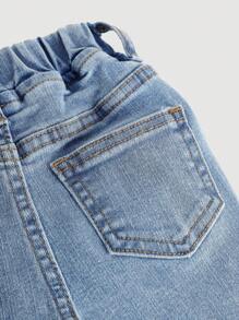 SHEIN Baby Girls' 2025 New Denim Flare Pants With Bow Accent - Light Wash - View 4
