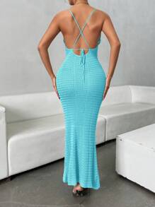 Chiquease Sexy Elegant Crochet Floral Pattern Backless Tie-Up Fish Tail Maxi Slip Dress For Dates - Blue - View 7