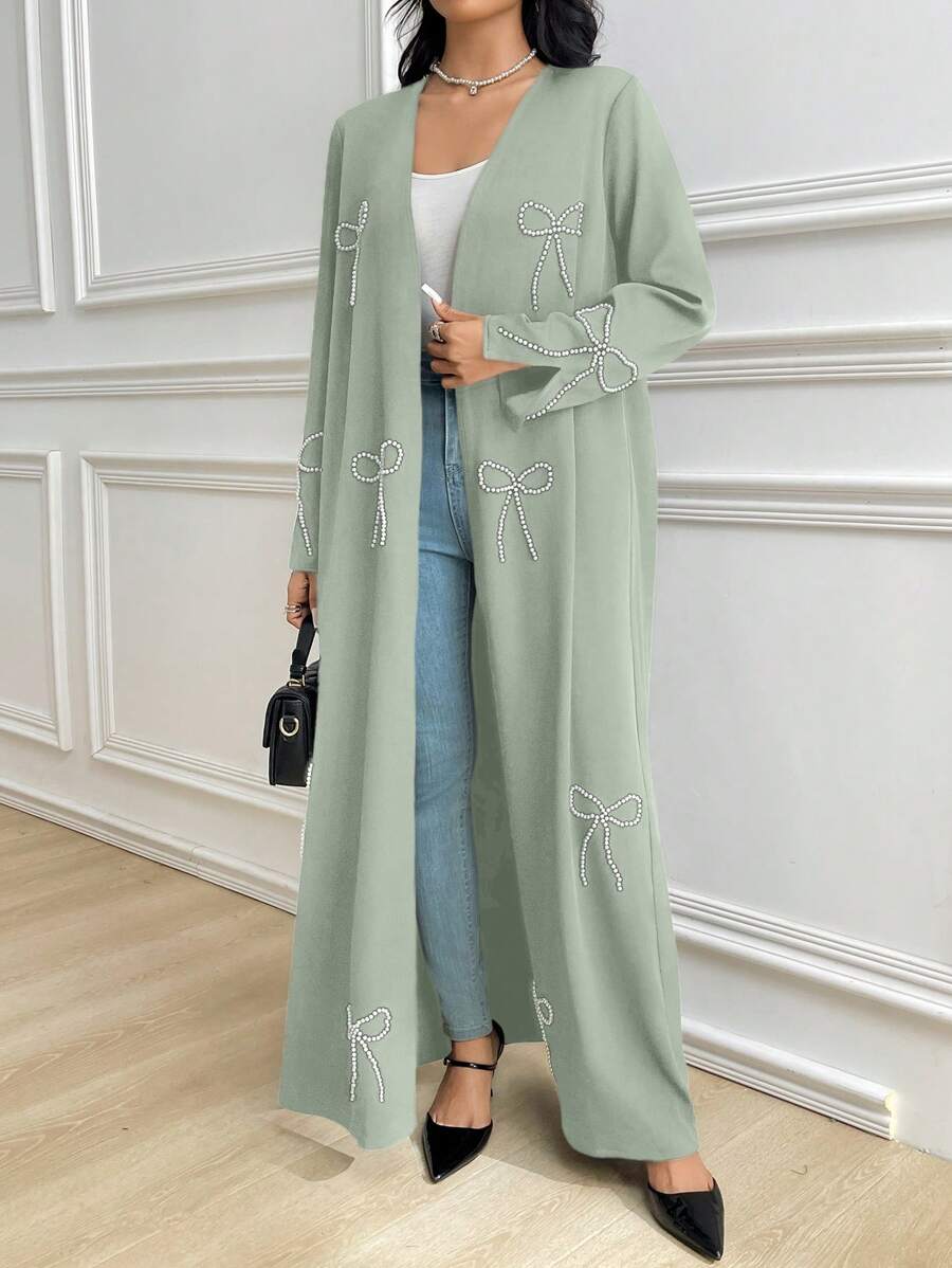 Al Najma Women's Long Sleeve Bow Casual Abaya, Casual Modest Open Robe Abayas, For Casual Daily/Party - Mint Green - View 1