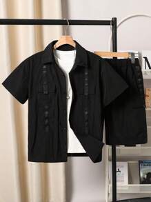 2pcs/Set Male Teenager Casual Minimalist Style Utility Shirt And Shorts, Suitable For Spring/Summer Daily Wear - Black - View 5