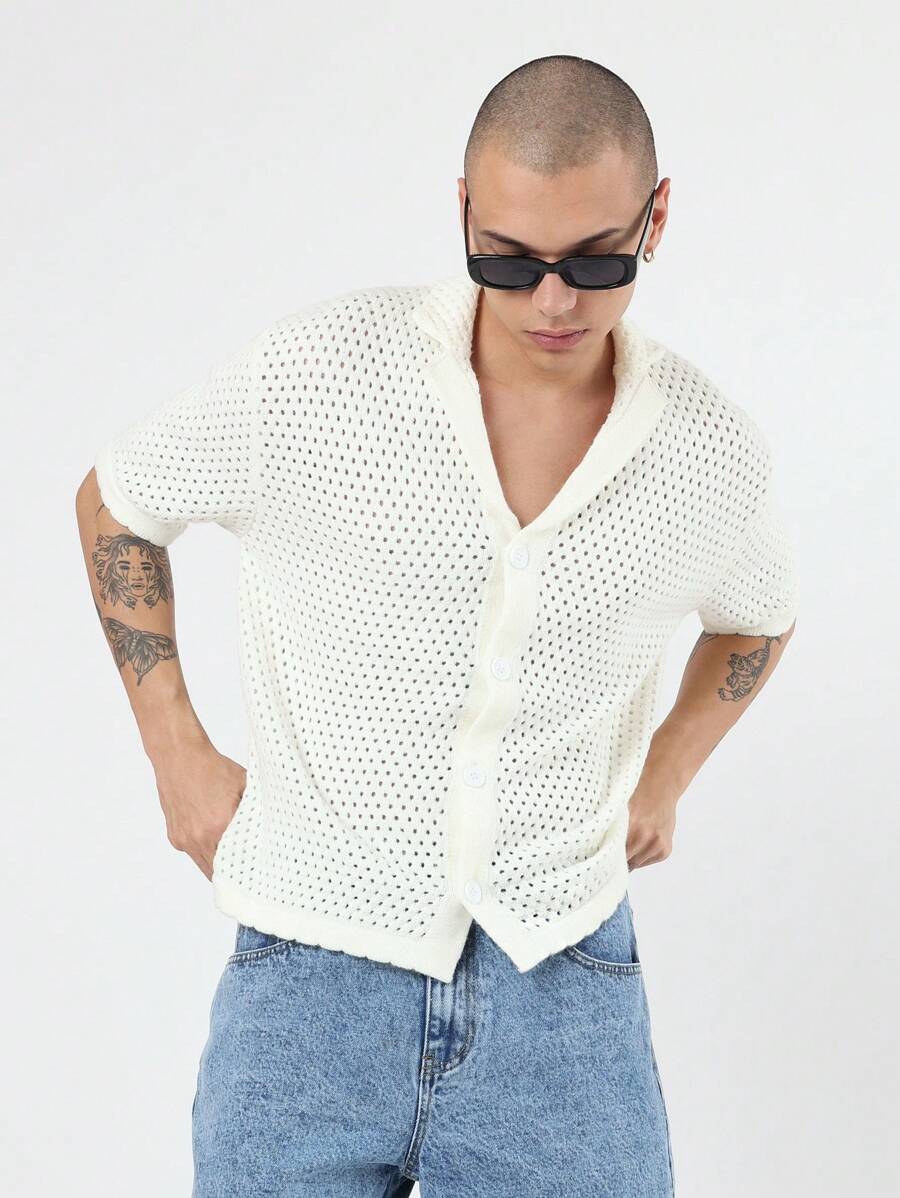 SUMWON 镂空针织纽扣前短袖毛衣衬衫，意大利度假风格超大宽松复古夏季沙滩 Polo 衫另类休闲针织衫