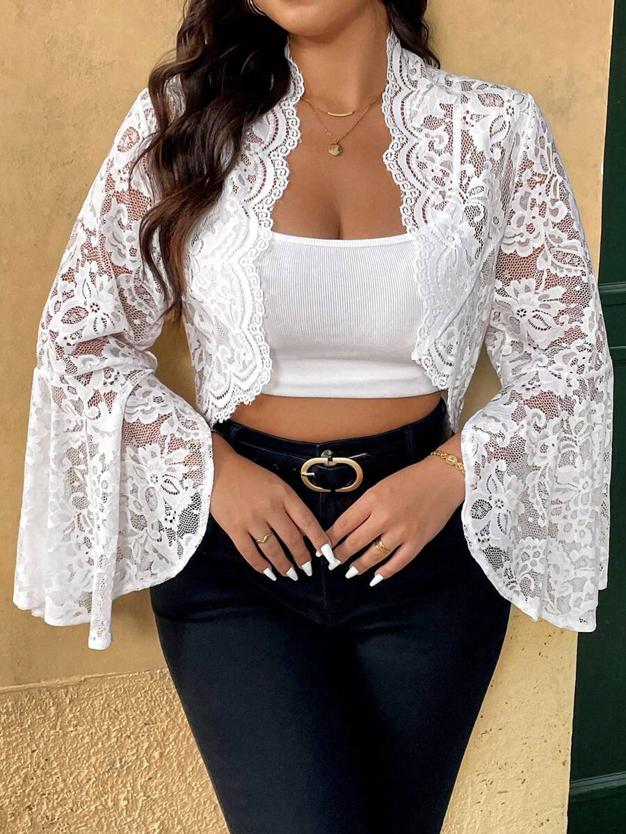 SHEIN Belle Chaqueta corta blanca de encaje tejido elegante para mujer de talla grande