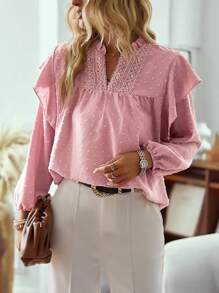 EMERY ROSE Women's Contrast Lace V-Neck Lantern Sleeve Blouse Fall Cloth For Women - Pink - View 6