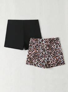 SHEIN Swim Curve 2pcs Plus Size Solid Color & Leopard Print Women Elastic Waist Shorts Sets,Beach Resort Wear For Summer - Multicolor - View 3