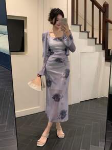 DAZY 2pcs Women Floral Print Mesh Long Sleeve Top And Dress Set, Minimalist