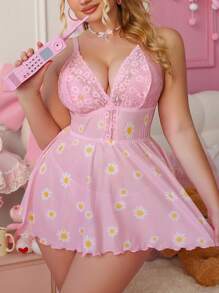 PetitDoll 2pcs/Set Plus Size Sexy Lace Patchwork Chrysanthemum Net Lingerie Set: Spaghetti Strap Dress + G-String - Pink - View 1